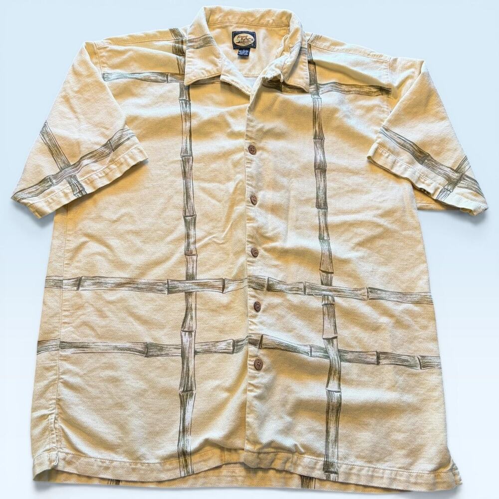 Tommy Bahama Shirt Mens Large Beige Bamboo Island Jazz Short Sleeve Button Front